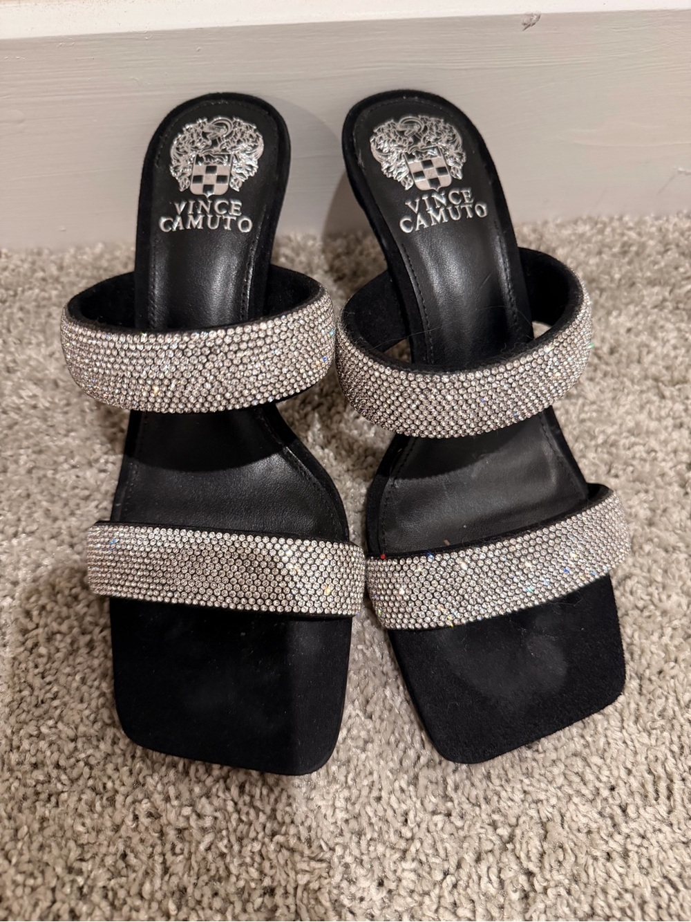 Vince Camuto Black Slide Sandals with Silver Crystal Straps